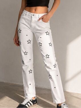 White Embroidered High Waist Straight Leg Denim Pants Rare Boutique Find Size 2